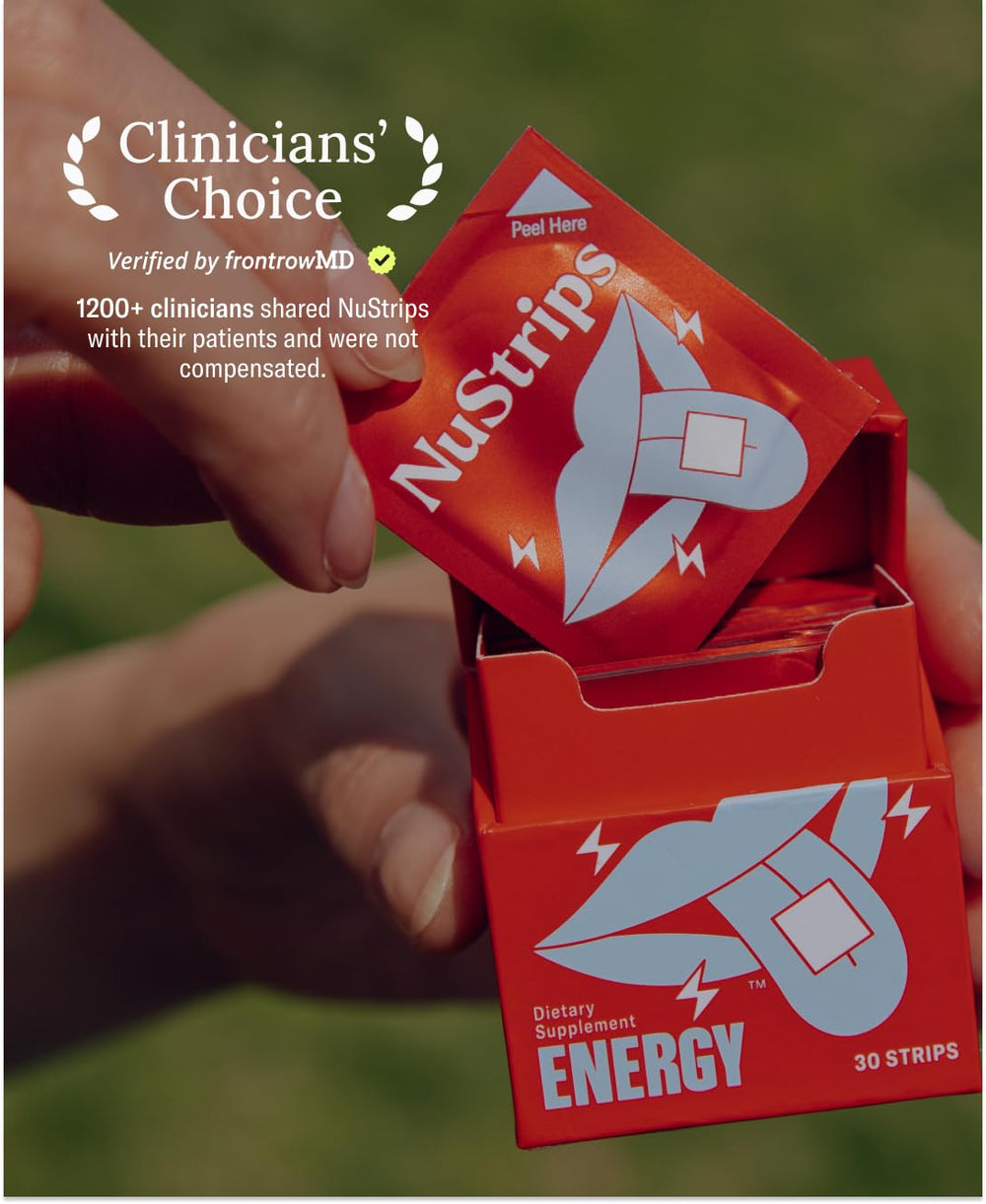 NuStrips compact pack opened showing individual lemon energy strips.