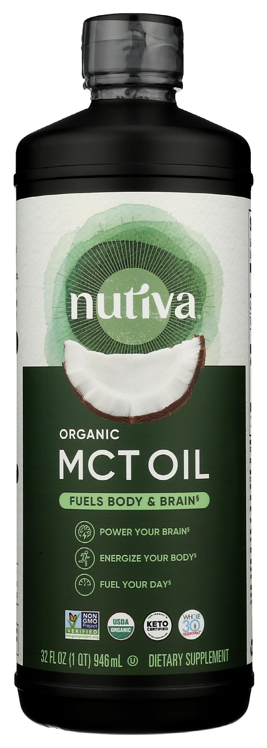 Nutiva MCT Oil 32oz bottle front for quick energy boosts in coffee.