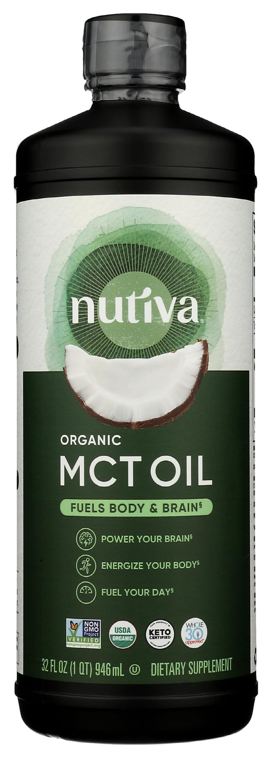 Nutiva MCT Oil 32oz bottle front for quick energy boosts in coffee.