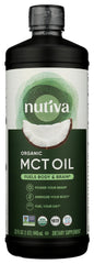 Nutiva MCT Oil 32oz bottle front for quick energy boosts in coffee.