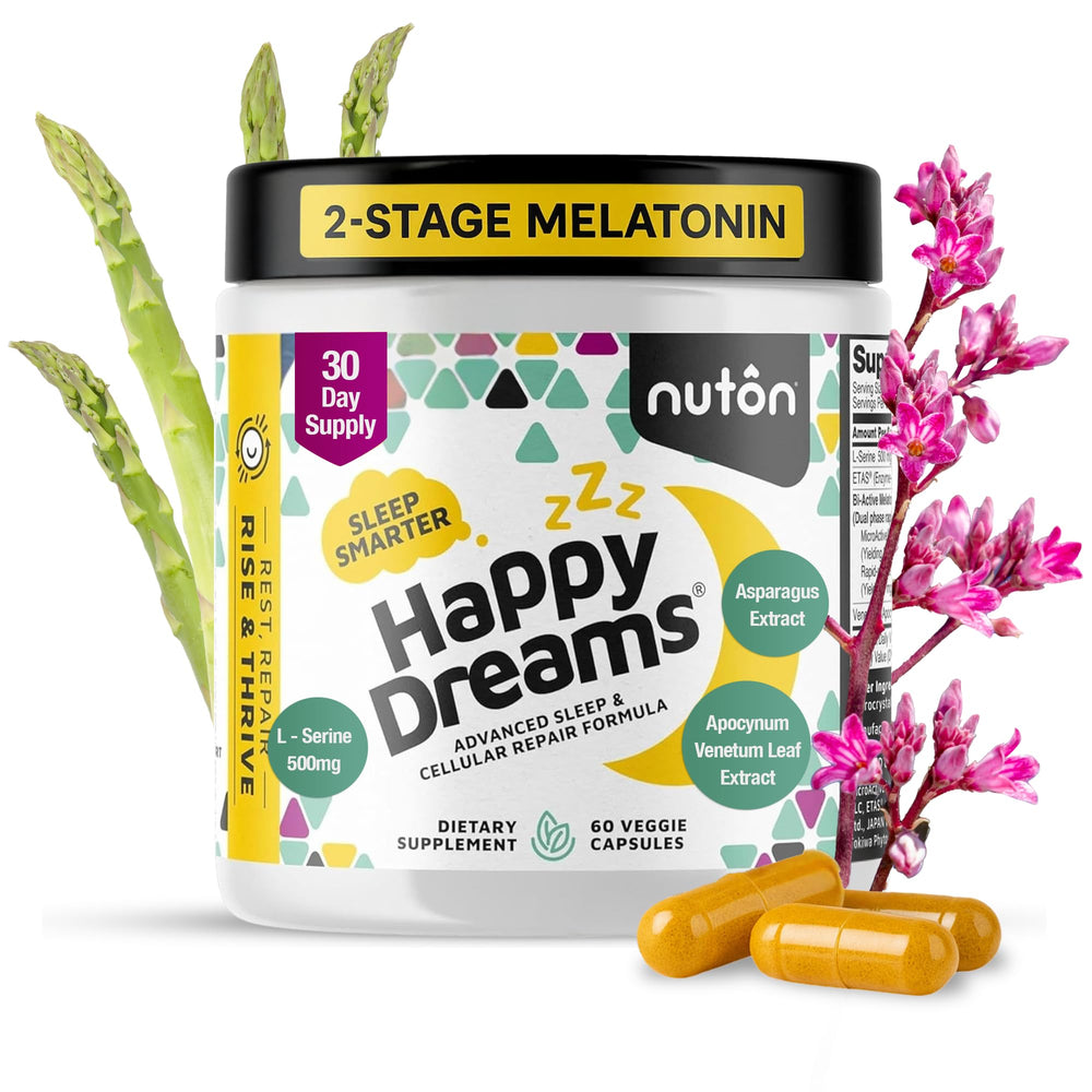 Nuton Happy Dreams bottle front view signals a natural sleep aid supporting calmer evenings.