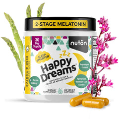 Nuton Happy Dreams bottle front view signals a natural sleep aid supporting calmer evenings.
