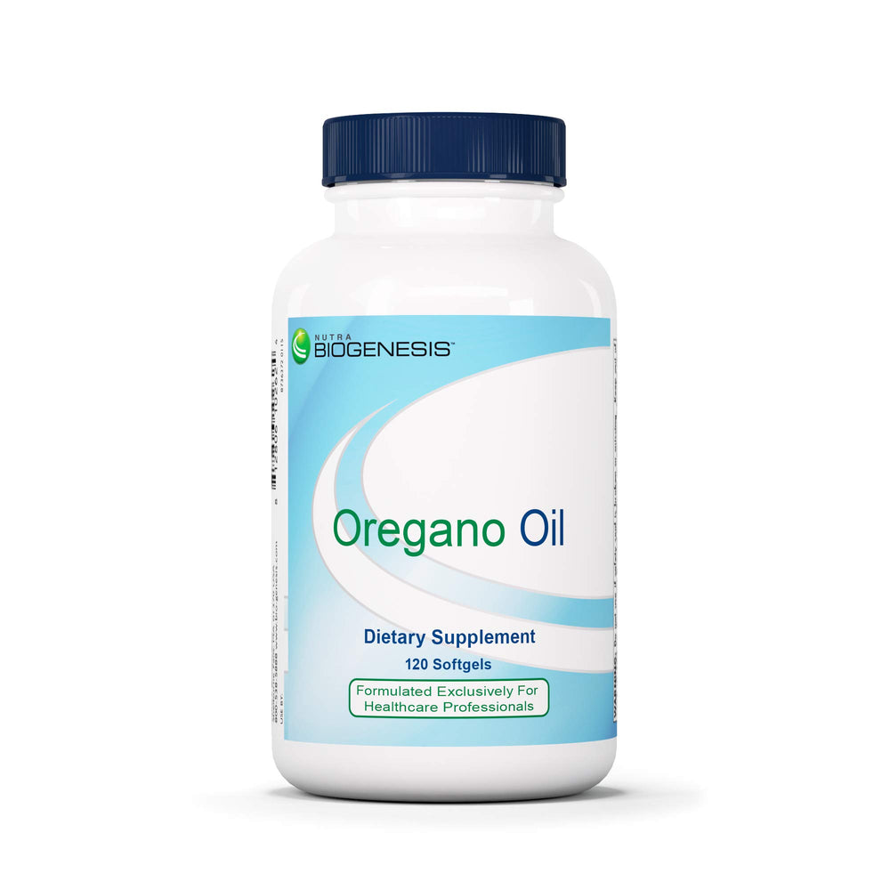 Nutra BioGenesis oregano oil softgels bottle showing premium extract and easy-to-swallow capsules.