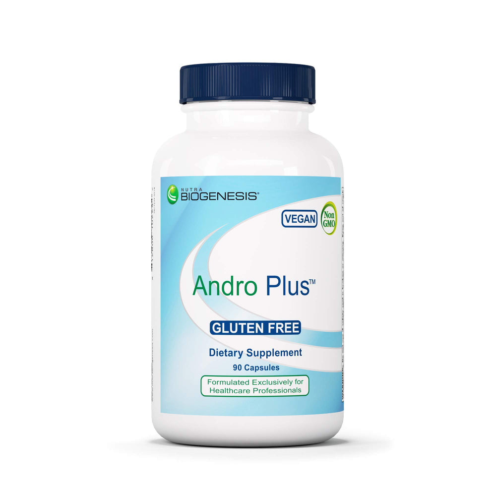 Nutra BioGenesis Andro Plus bottle featuring tribulus imagery for daily vitality support.
