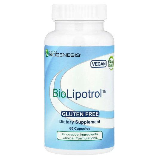 Nutra BioGenesis BioLipotrol bottle label highlighting CoQ10 and no-flush niacin for energy support.