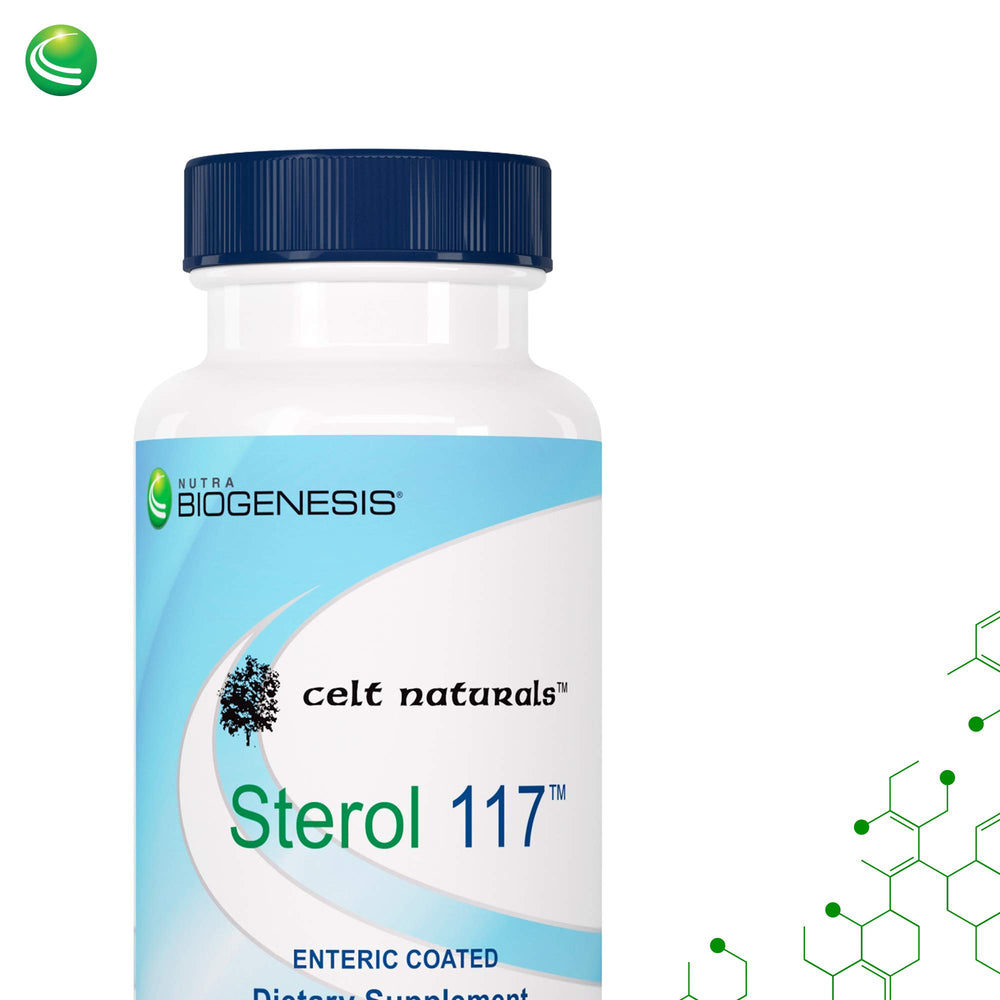 Nutra BioGenesis Sterol 117 bottle shown with enteric coating for targeted delivery.