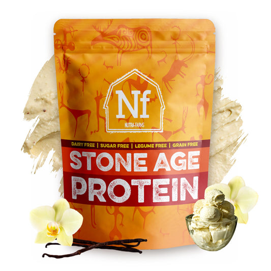 Nutra-Farms Stone Age Protein vanilla bottle pour shows easy mixing and clean fuel.