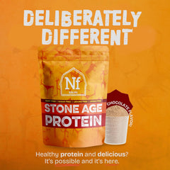 Nutra-Farms Stone Age Protein vanilla tub front highlights gluten-free, dairy-free nutrition.