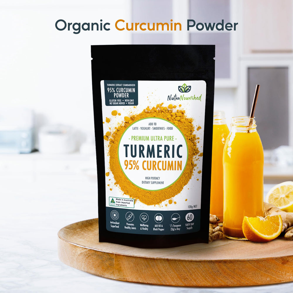 Nutra Nourished turmeric sprinkled on breakfast bowl for a cocoa-like finish.