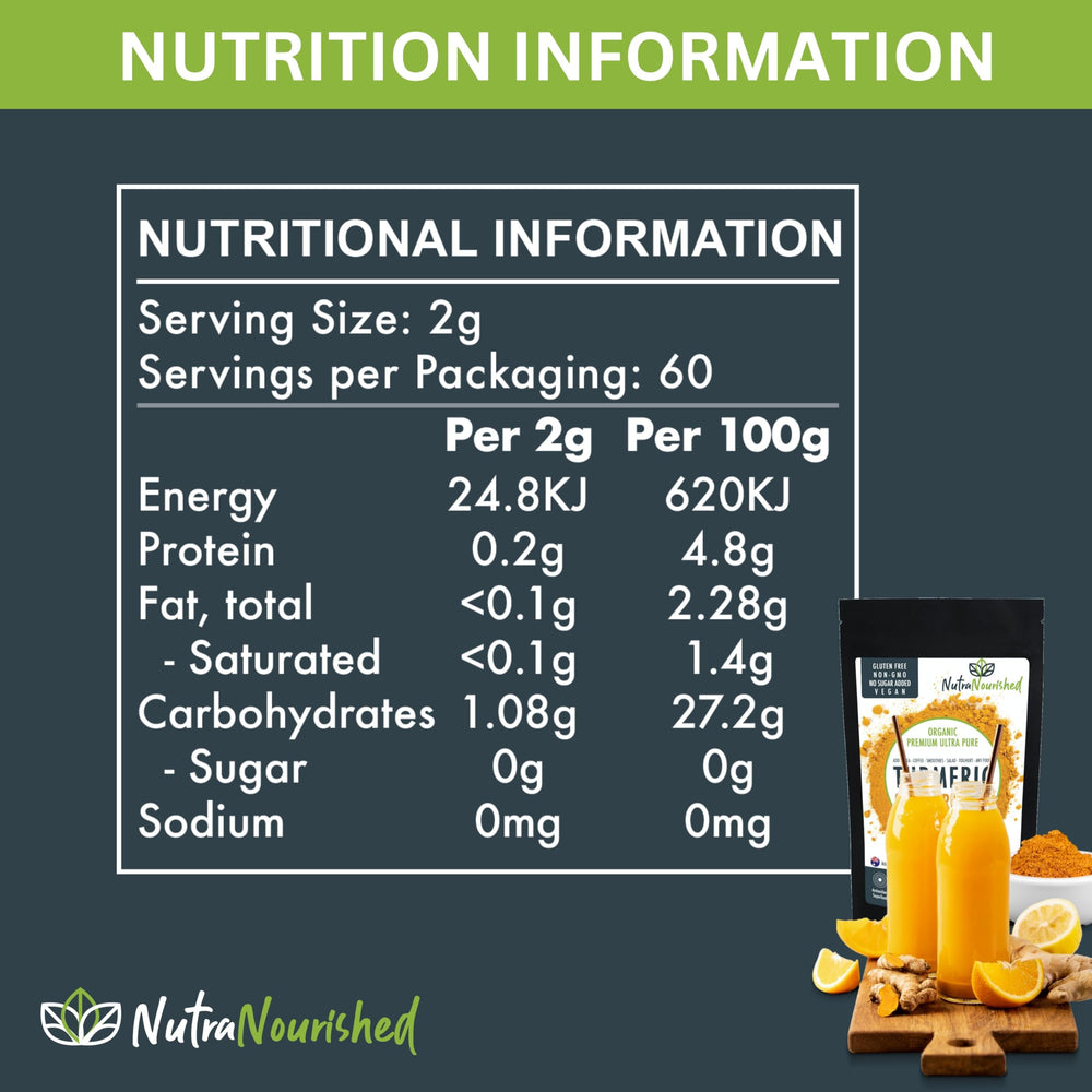 Nutra Nourished turmeric scoop measures 1500mg per serving for precise use.