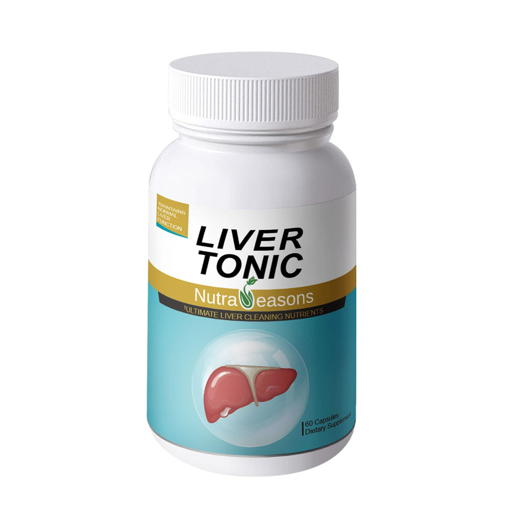 Nutra Seasons Liver Tonic bottle on kitchen counter showing daily detox support