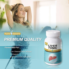 Nutra Seasons Liver Tonic bottle beside a glass for a mindful routine