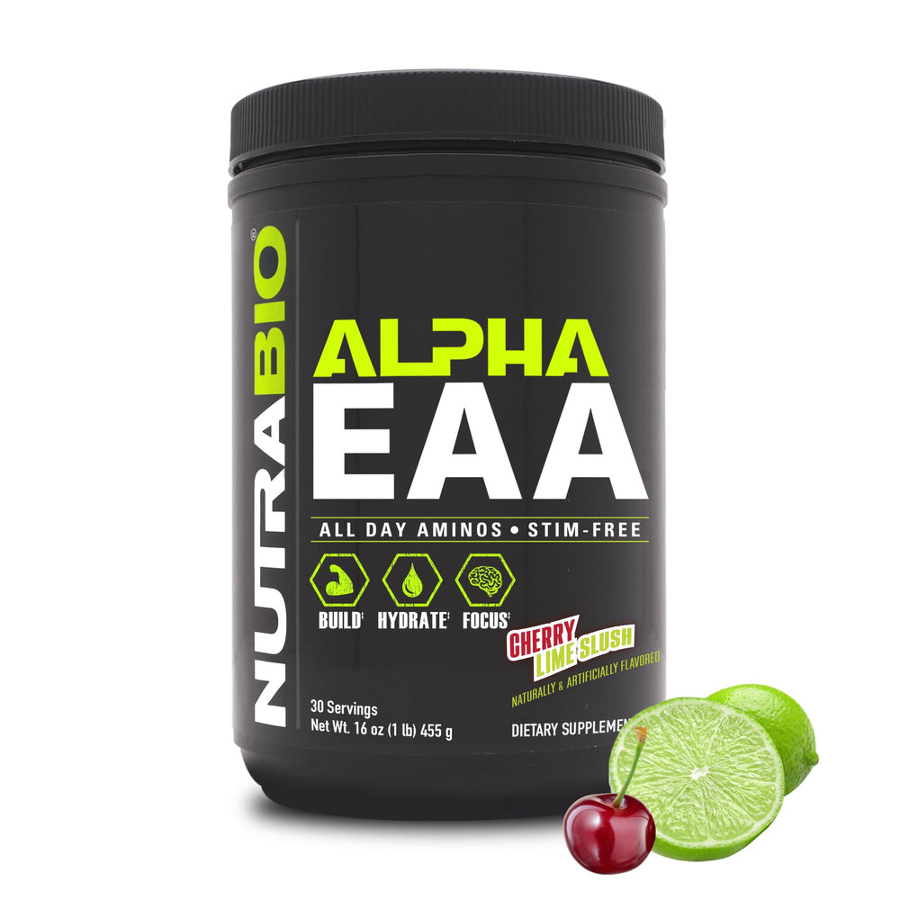 NutraBio Alpha EAA Cherry Lime Slush glass for refreshing hydration and recovery support