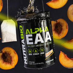 NutraBio Alpha EAA shaker cup with peach tea mix