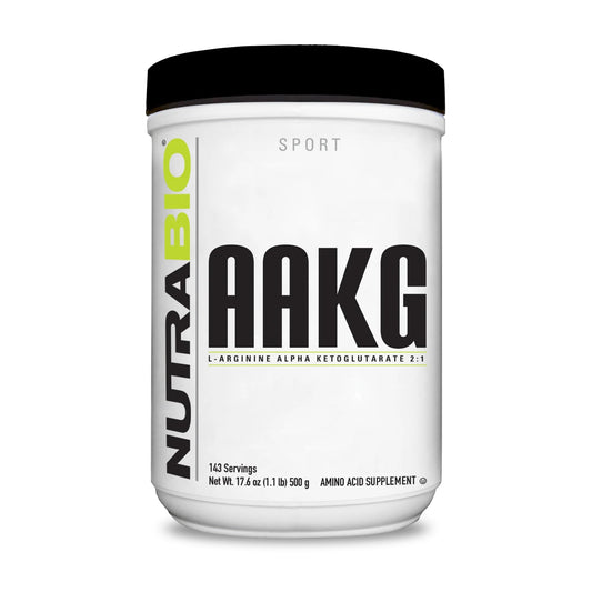 NutraBio Arginine AKG powder bottle front highlights 1000 mg per serving for potential pumps.