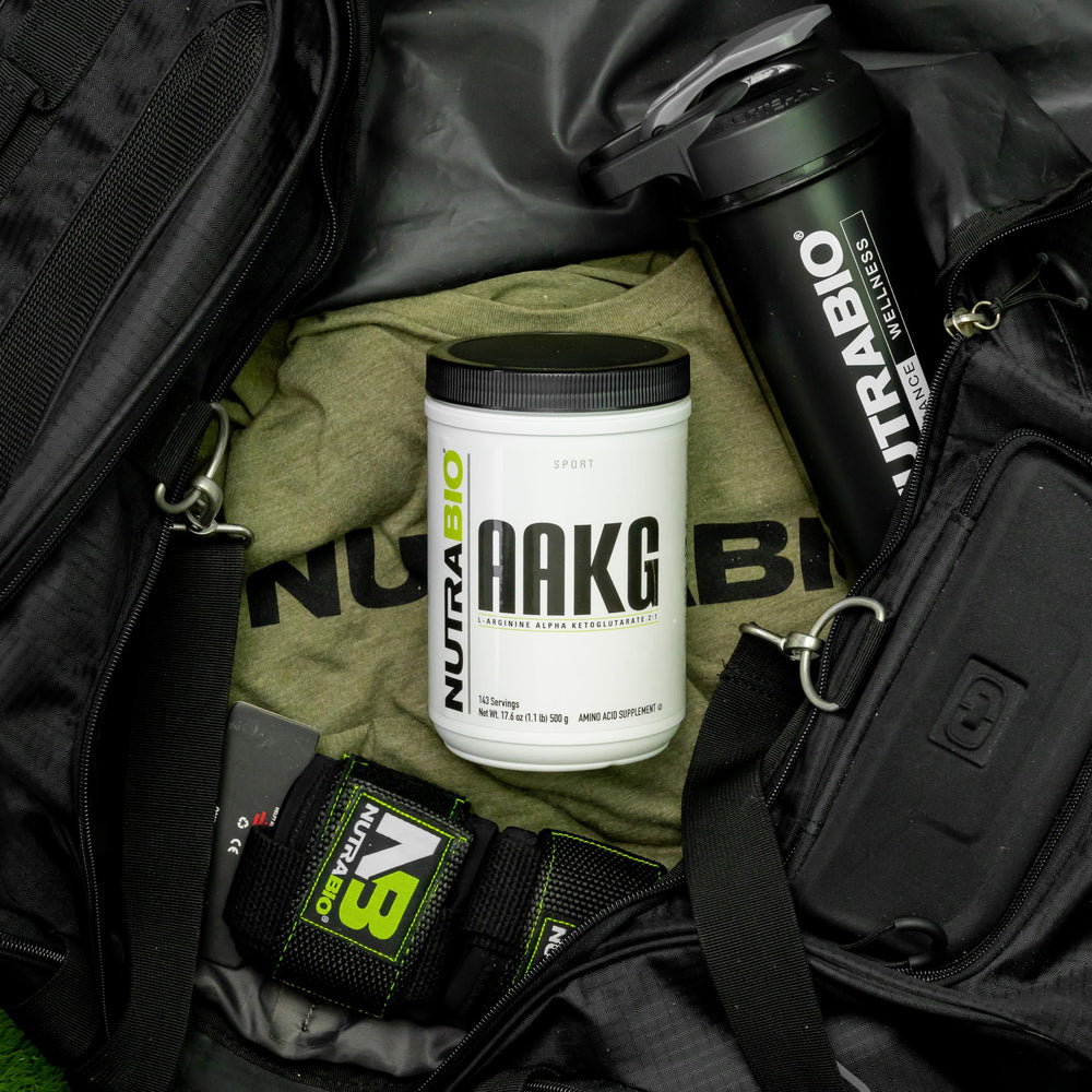 Athlete training with NutraBio Arginine AKG for improved blood flow during workouts.