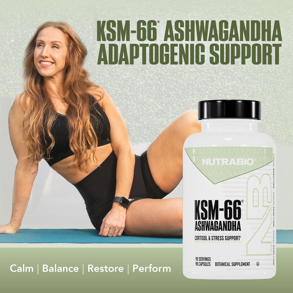 NutraBio Ashwagandha KSM-66 capsules supporting mood and focus.