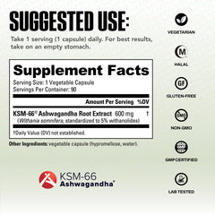 Close-up of NutraBio Ashwagandha KSM-66 label showing organic quality.