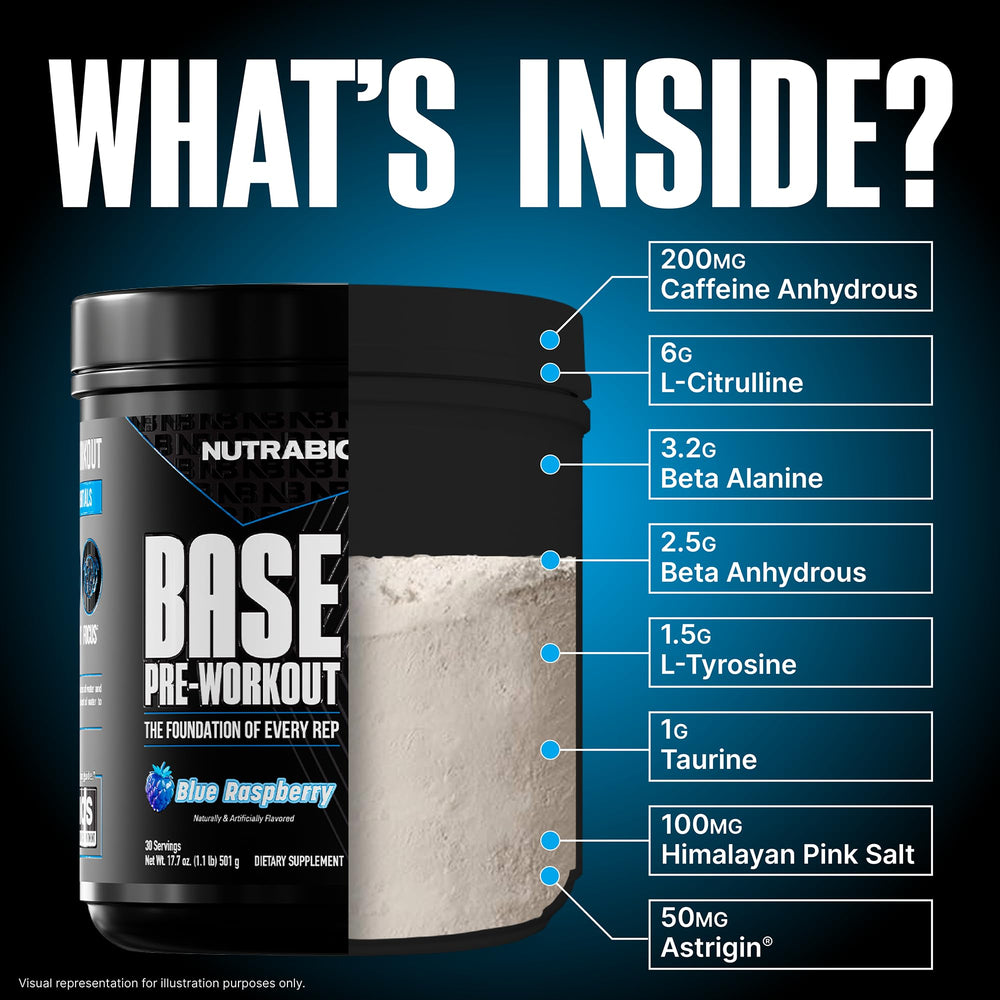 NutraBio Base Pre-Workout blue raspberry scoop boosts focus.