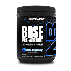 NutraBio Base Pre-Workout blue raspberry tub for clean energy during workouts.