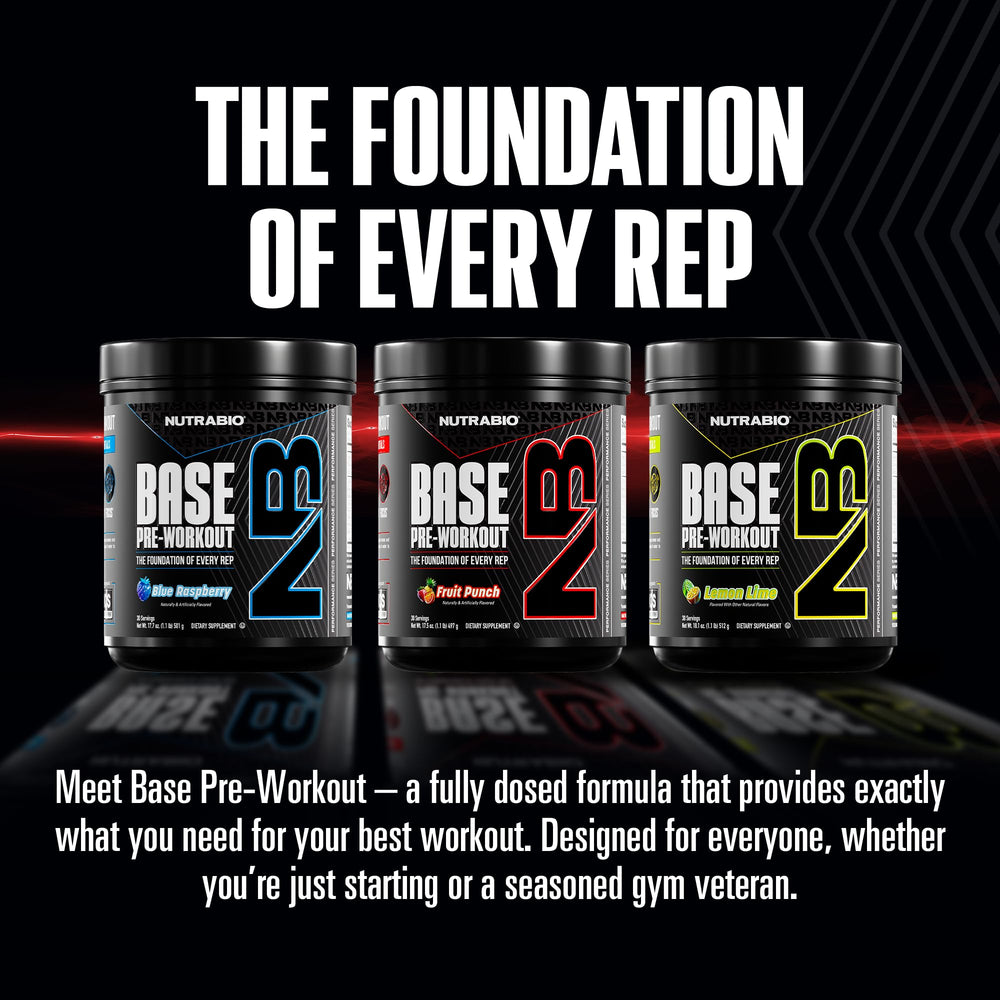 NutraBio Base Pre-Workout electrolyte bottle supports hydration.