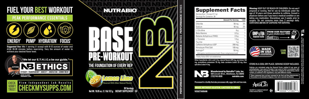 NutraBio Base Pre-Workout electrolyte blend graphic emphasizes hydration support.