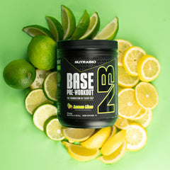 NutraBio Base Pre-Workout mental focus label communicates sharpened concentration during sets.