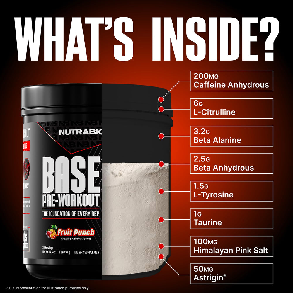NutraBio Base Pre-Workout scoop in glass showing quick mix for focus