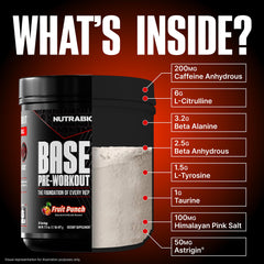 NutraBio Base Pre-Workout scoop in glass showing quick mix for focus