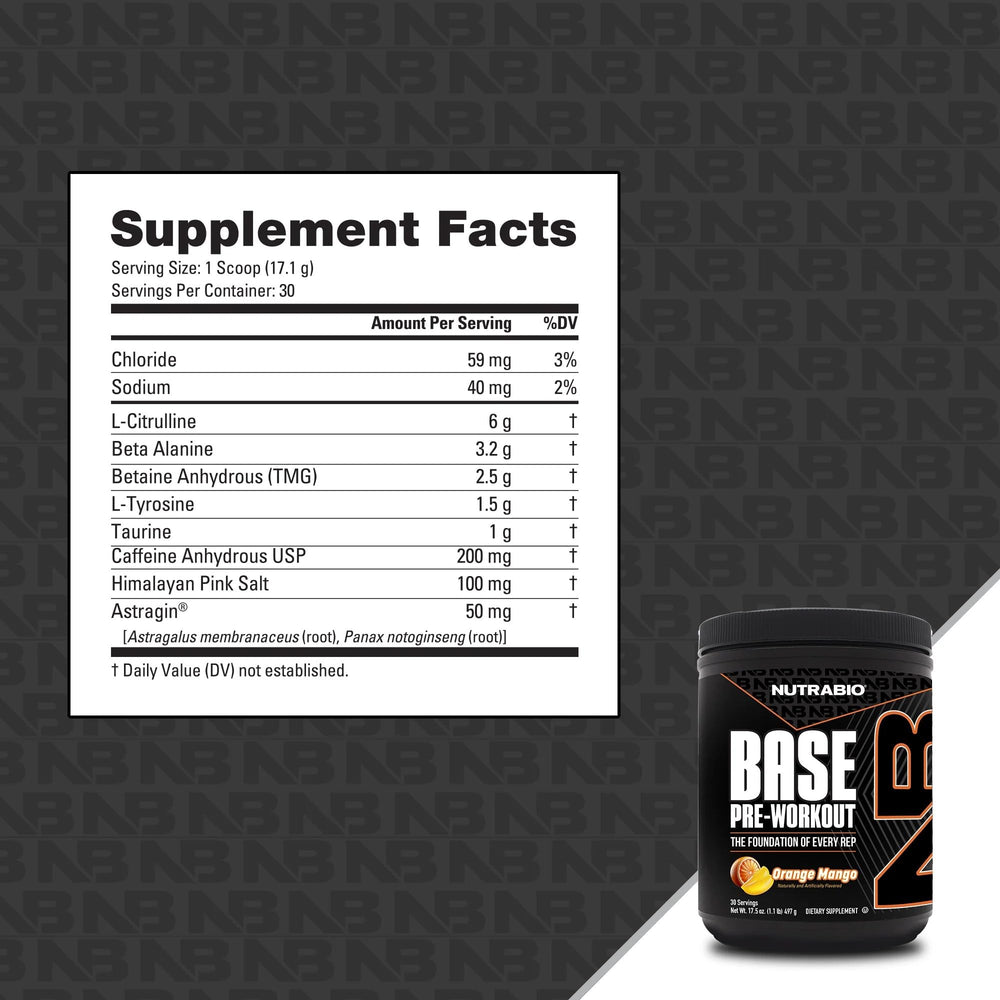 NutraBio Base Pre-Workout jar with glass shows ready-to-use ritual before training.