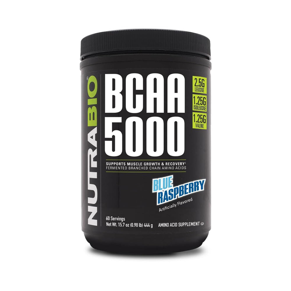 NutraBio BCAA5000 blue raspberry bottle for intra-workout use