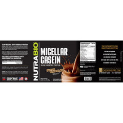 NutraBio Casein powder bag label highlights quality micellar casein.