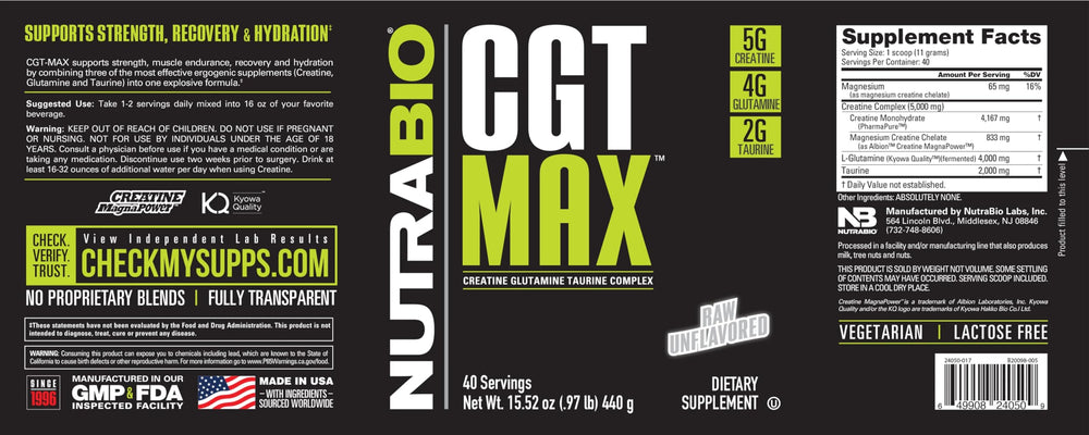 NutraBio CGT-MAX powder label highlighting ingredients and serving size.