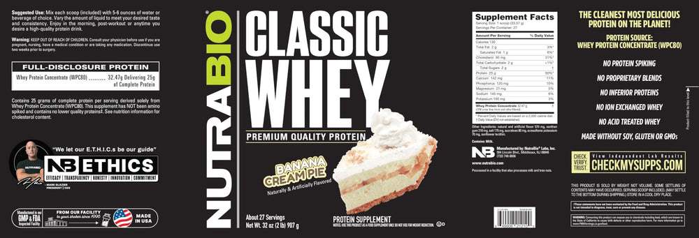 NutraBio Classic Whey Banana Cream Pie bottle close-up conveys trusted labeling.
