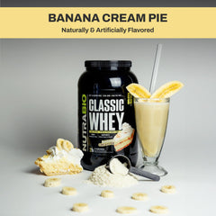 NutraBio Classic Whey Banana Cream Pie nutrition panel highlights 25 g protein per scoop.
