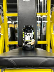 NutraBio Classic Whey Banana Cream Pie shake image suggests smooth texture and easy mixing.