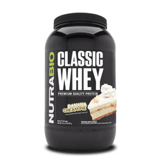 NutraBio Classic Whey Banana Cream Pie tub shows packaging with a protein-rich formula.