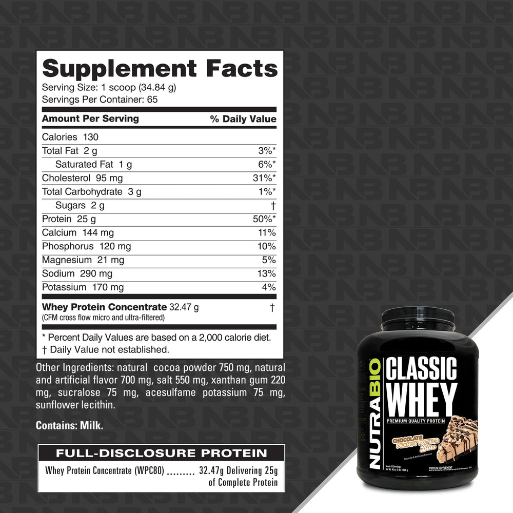 NutraBio Classic Whey Powder serving in shaker for post-workout refreshment.