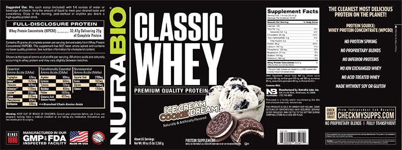 Third-party testing seal on NutraBio Classic Whey tub