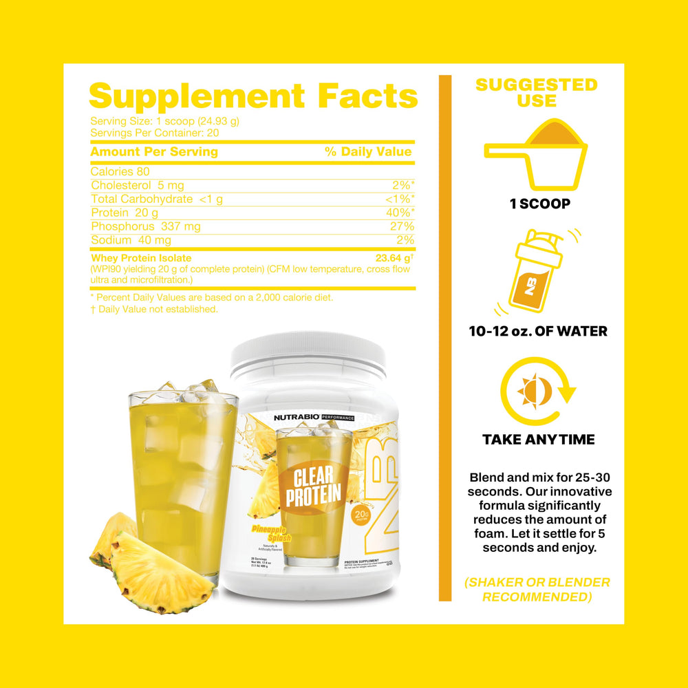 NutraBio Clear Protein label highlights 20g isolate per serving