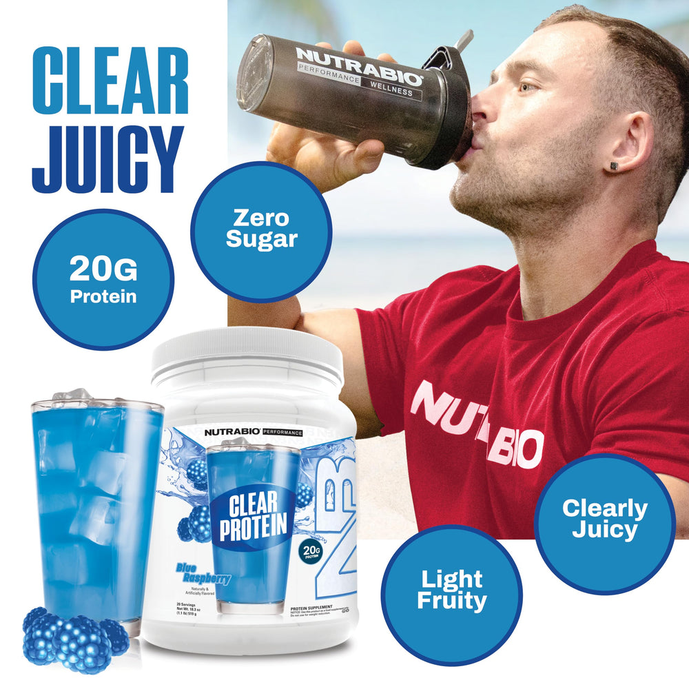 Close-up label of NutraBio Clear Whey Blue Raspberry highlights quality.