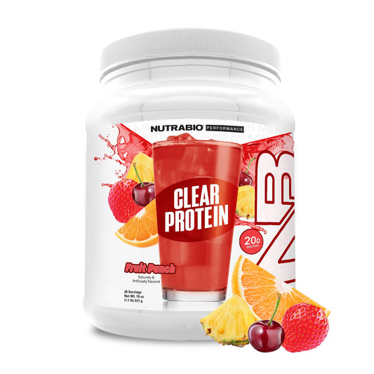 NutraBio Clear Whey Iso fruit punch powder ready to mix for post-workout refreshment