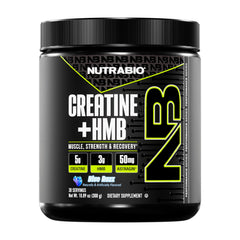 NutraBio Creatine + HMB blue razz bottle front highlights the supplement for muscle support.