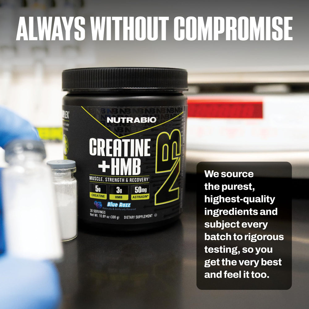 NutraBio Creatine + HMB gram scoop beside nutrition facts for accurate servings.