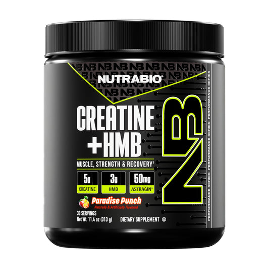 NutraBio Creatine + HMB bottle with label signaling quality for gym goals.