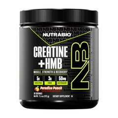 NutraBio Creatine + HMB bottle with label signaling quality for gym goals.