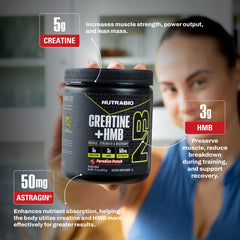 NutraBio Creatine + HMB bottle in gym bag for daily use.