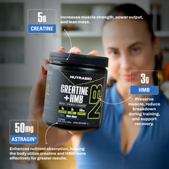NutraBio Creatine + HMB powder in gym bag ready for training.