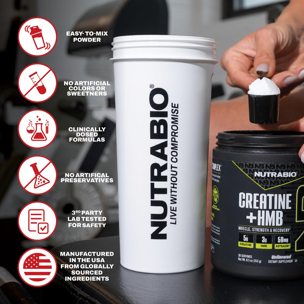 NutraBio Creatine + HMB label close-up highlighting AstraGin for absorption.