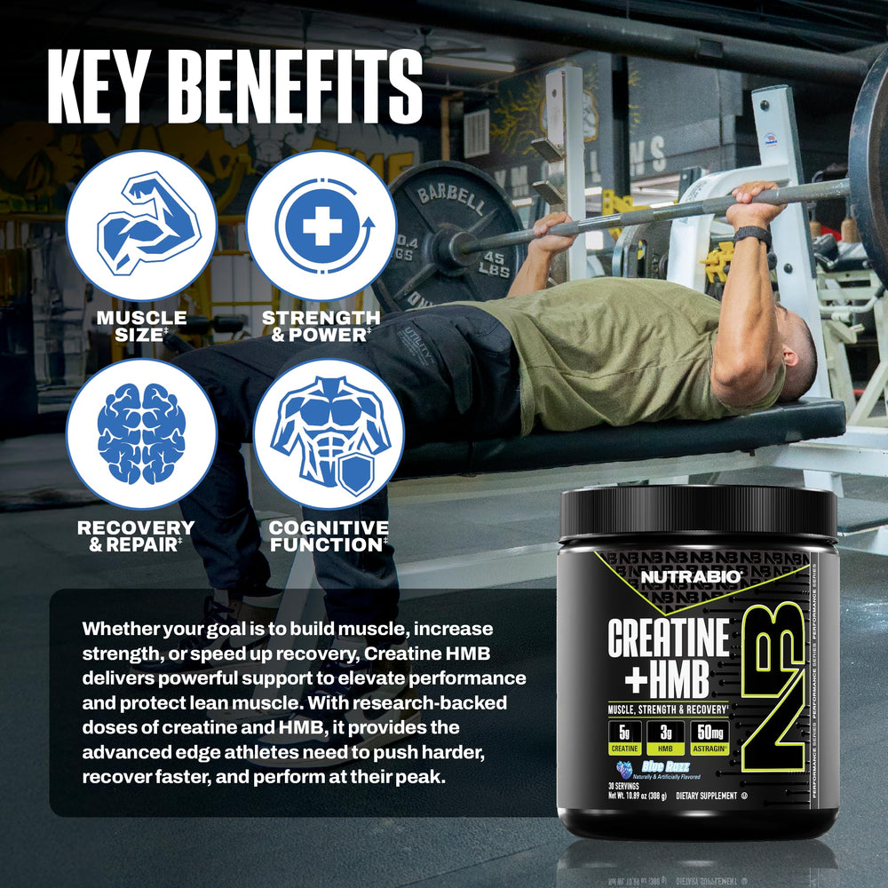 NutraBio Creatine + HMB scoop-dispensing demonstrates precise dosing for workouts.